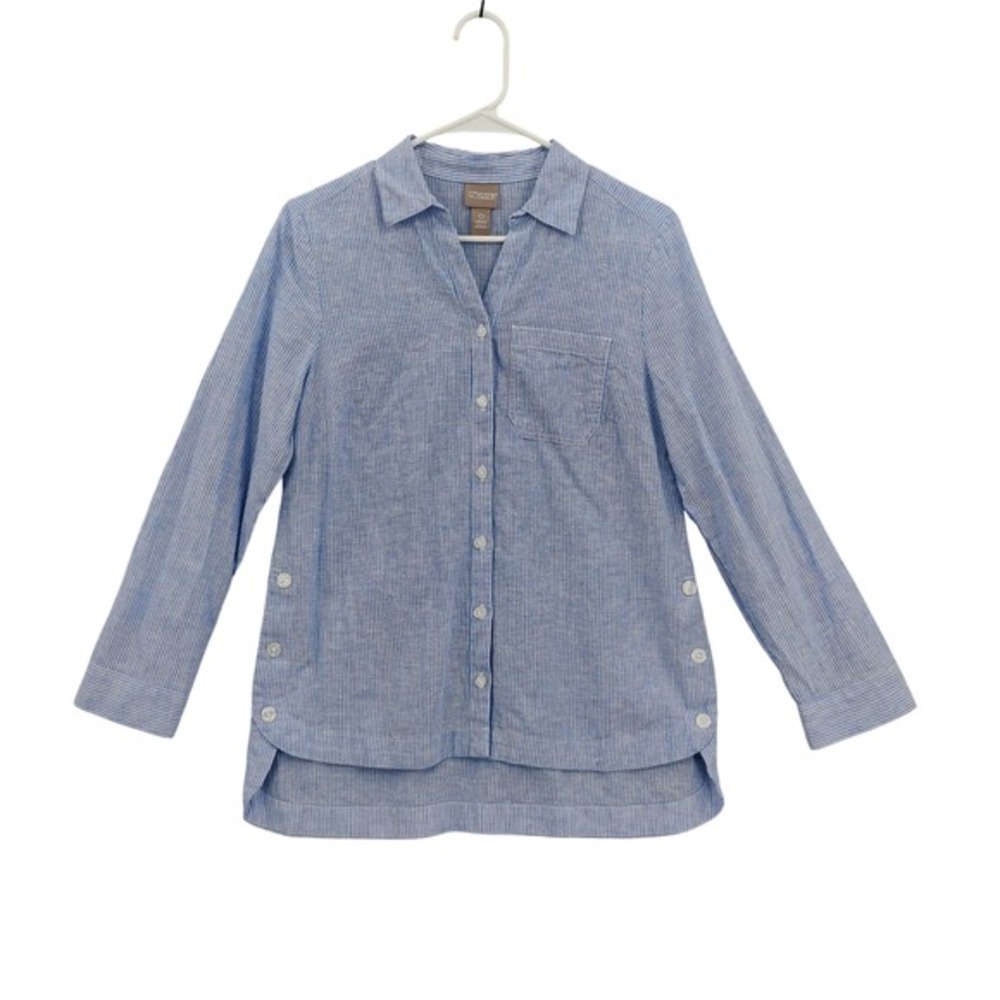 Chicos Women Coastal Nautical Preppy Linen Cotton Stripe Button Up Top 0 S Blue